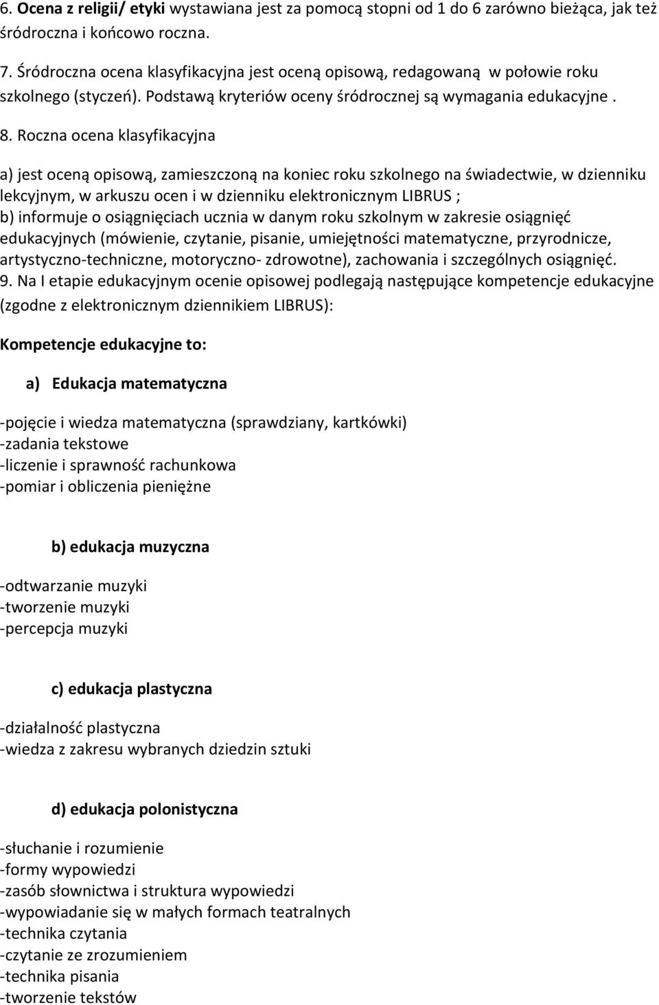 Roczna ocena klasyfikacyjna a) jest oceną opisową, zamieszczoną na koniec roku szkolnego na świadectwie, w dzienniku lekcyjnym, w arkuszu ocen i w dzienniku elektronicznym LIBRUS ; b) informuje o