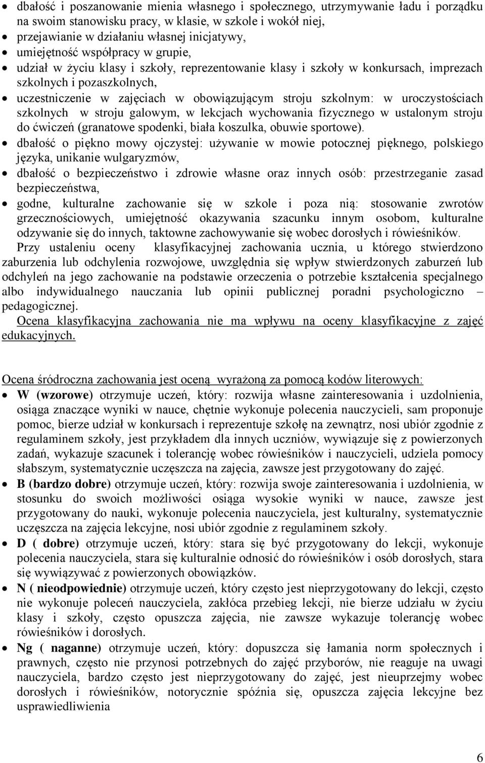 uroczystościach szkolnych w stroju galowym, w lekcjach wychowania fizycznego w ustalonym stroju do ćwiczeń (granatowe spodenki, biała koszulka, obuwie sportowe).