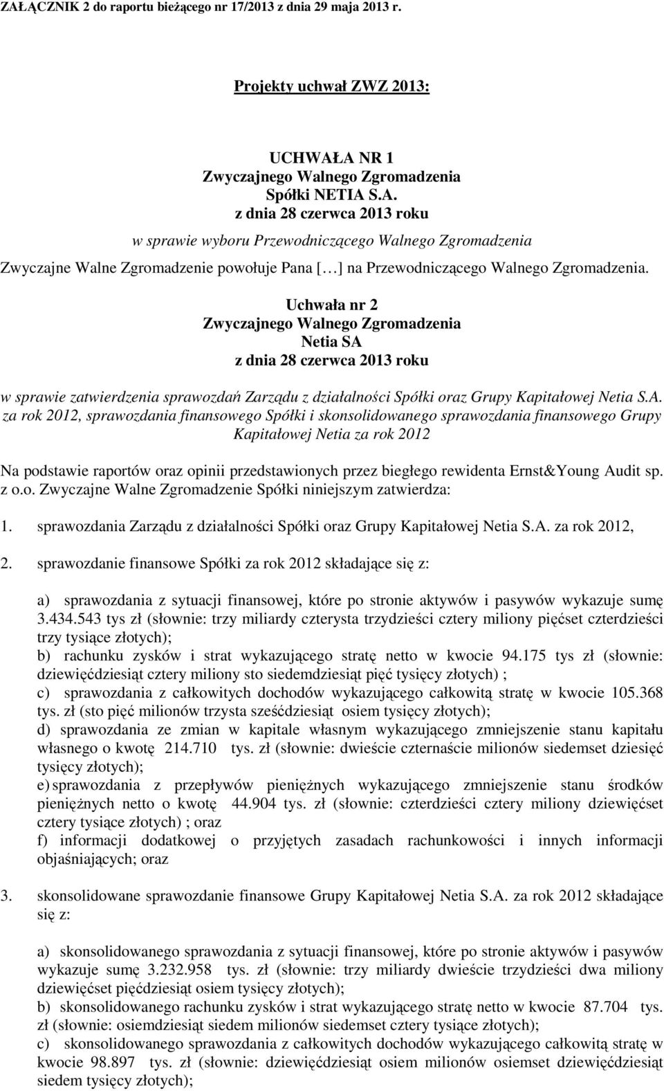 za rok 2012, sprawozdania finansowego Spółki i skonsolidowanego sprawozdania finansowego Grupy Kapitałowej Netia za rok 2012 Na podstawie raportów oraz opinii przedstawionych przez biegłego rewidenta