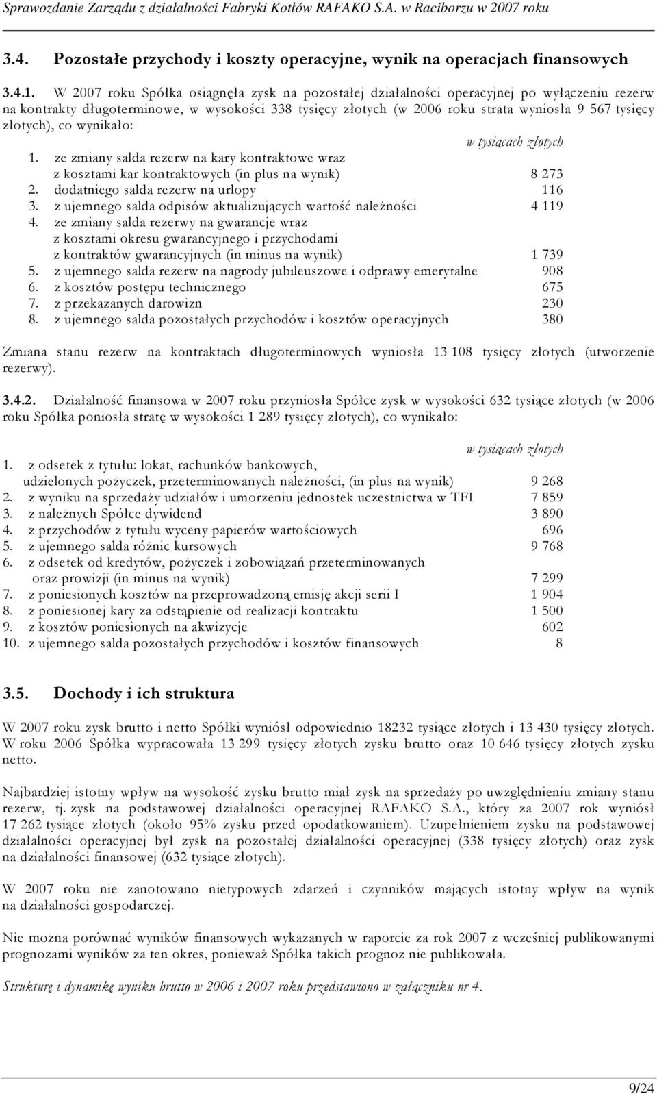 złotych), co wynikało: w tysiącach złotych 1. ze zmiany salda rezerw na kary kontraktowe wraz z kosztami kar kontraktowych (in plus na wynik) 8 273 2. dodatniego salda rezerw na urlopy 116 3.