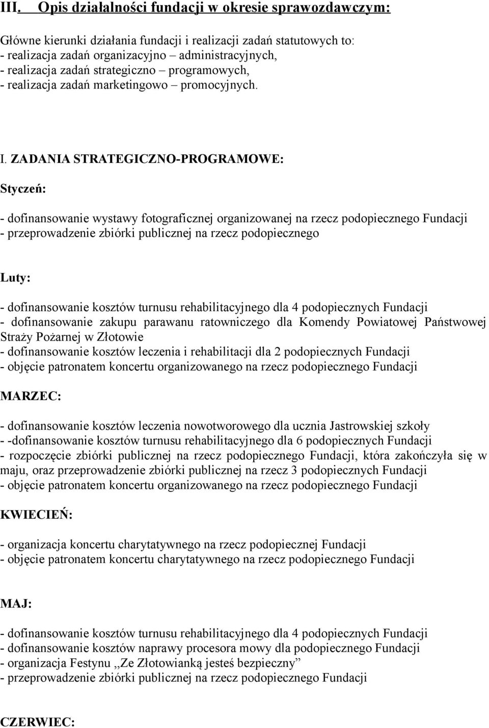 ZADANIA STRATEGICZNO-PROGRAMOWE: Styczeń: - dofinansowanie wystawy fotograficznej organizowanej na rzecz podopiecznego Fundacji - przeprowadzenie zbiórki publicznej na rzecz podopiecznego Luty: -