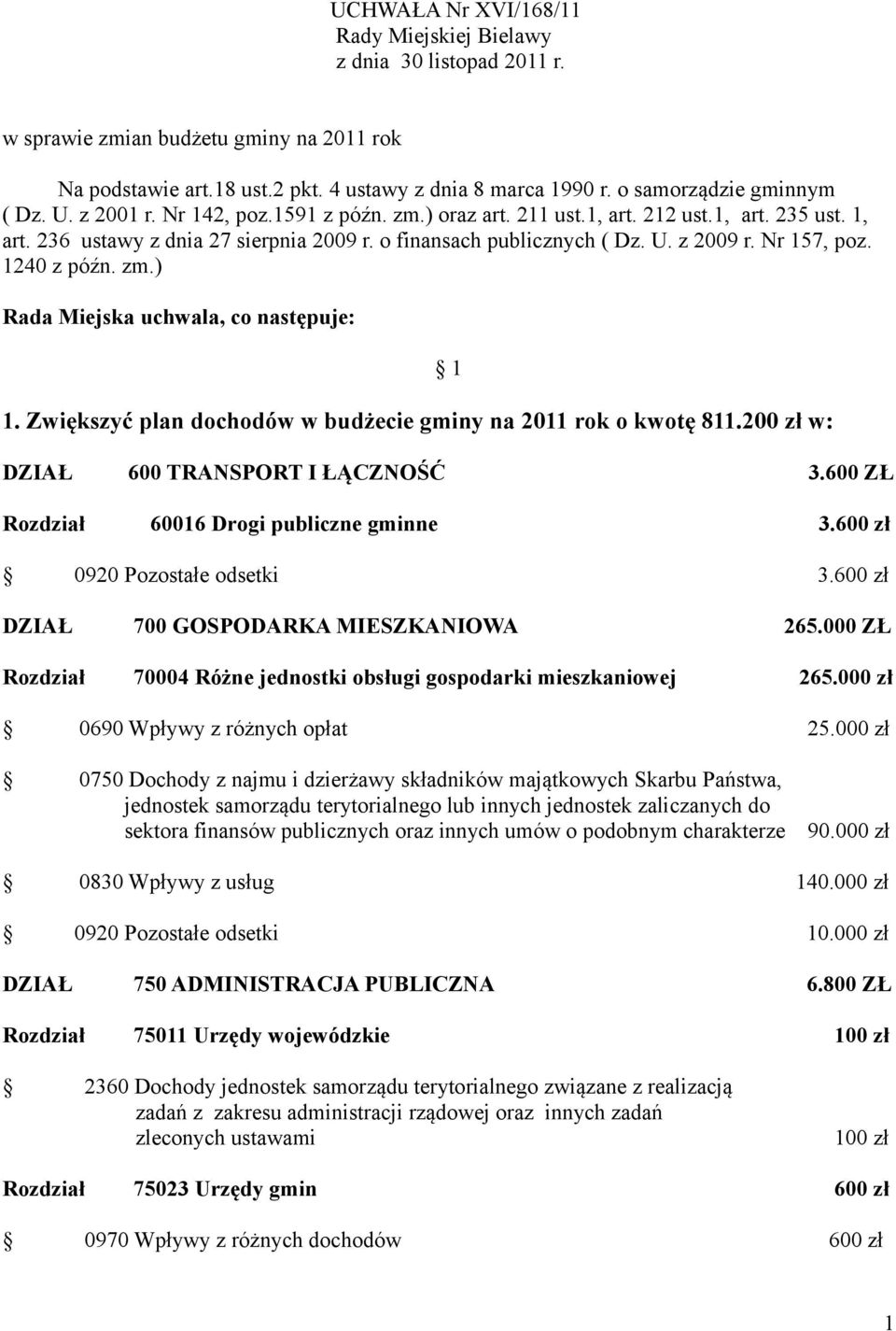 Nr 157, poz. 1240 z późn. zm.) Rada Miejska uchwala, co następuje: 1. Zwiększyć plan dochodów w budżecie gminy na 2011 rok o kwotę 811.200 zł w: 1 DZIAŁ 600 TRANSPORT I ŁĄCZNOŚĆ 3.