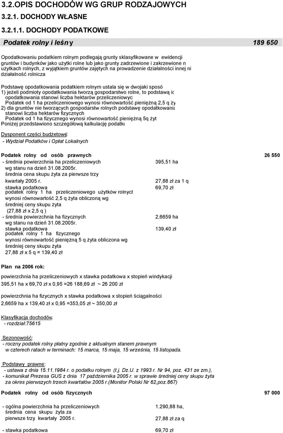 1. DOCHODY PODATKOWE Podatek rolny i leśn y 189 650 Opodatkowaniu podatkiem rolnym podlegają grunty sklasyfikowane w ewidencji gruntów i budynków jako użytki rolne lub jako grunty zadrzewione i