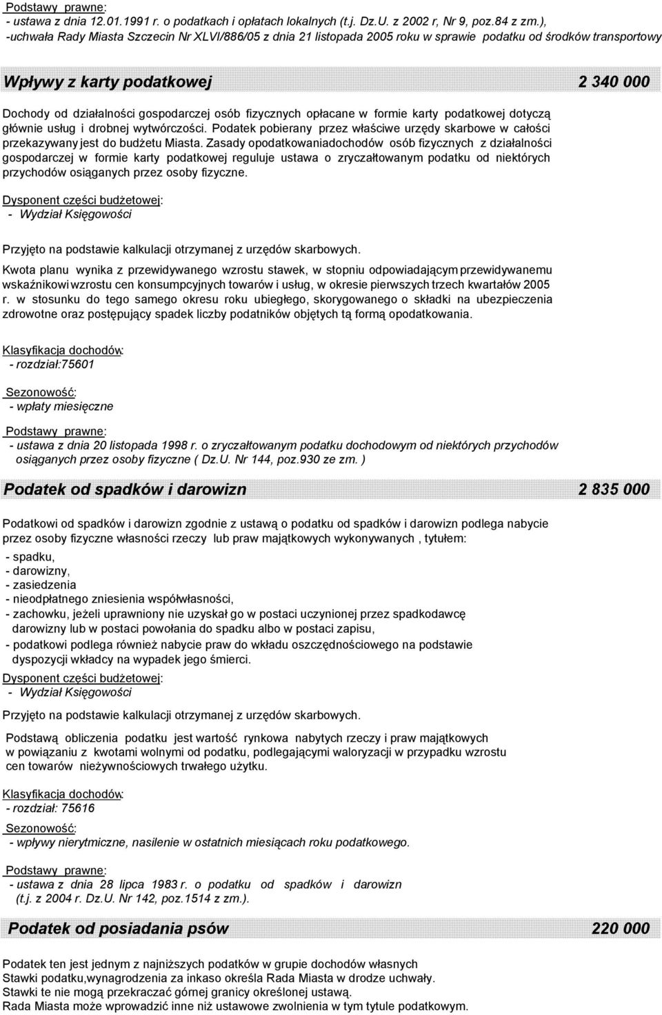 fizycznych opłacane w formie karty podatkowej dotyczą głównie usług i drobnej wytwórczości. Podatek pobierany przez właściwe urzędy skarbowe w całości przekazywany jest do budżetu Miasta.