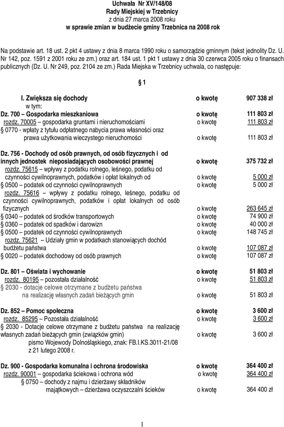 1 pkt 1 ustawy z dnia 30 czerwca 2005 roku o finansach publicznych (Dz. U. Nr 249, poz. 2104 ze zm.) Rada Miejska w Trzebnicy uchwala, co nast puje: 1 I. Zwi ksza si dochody Dz.