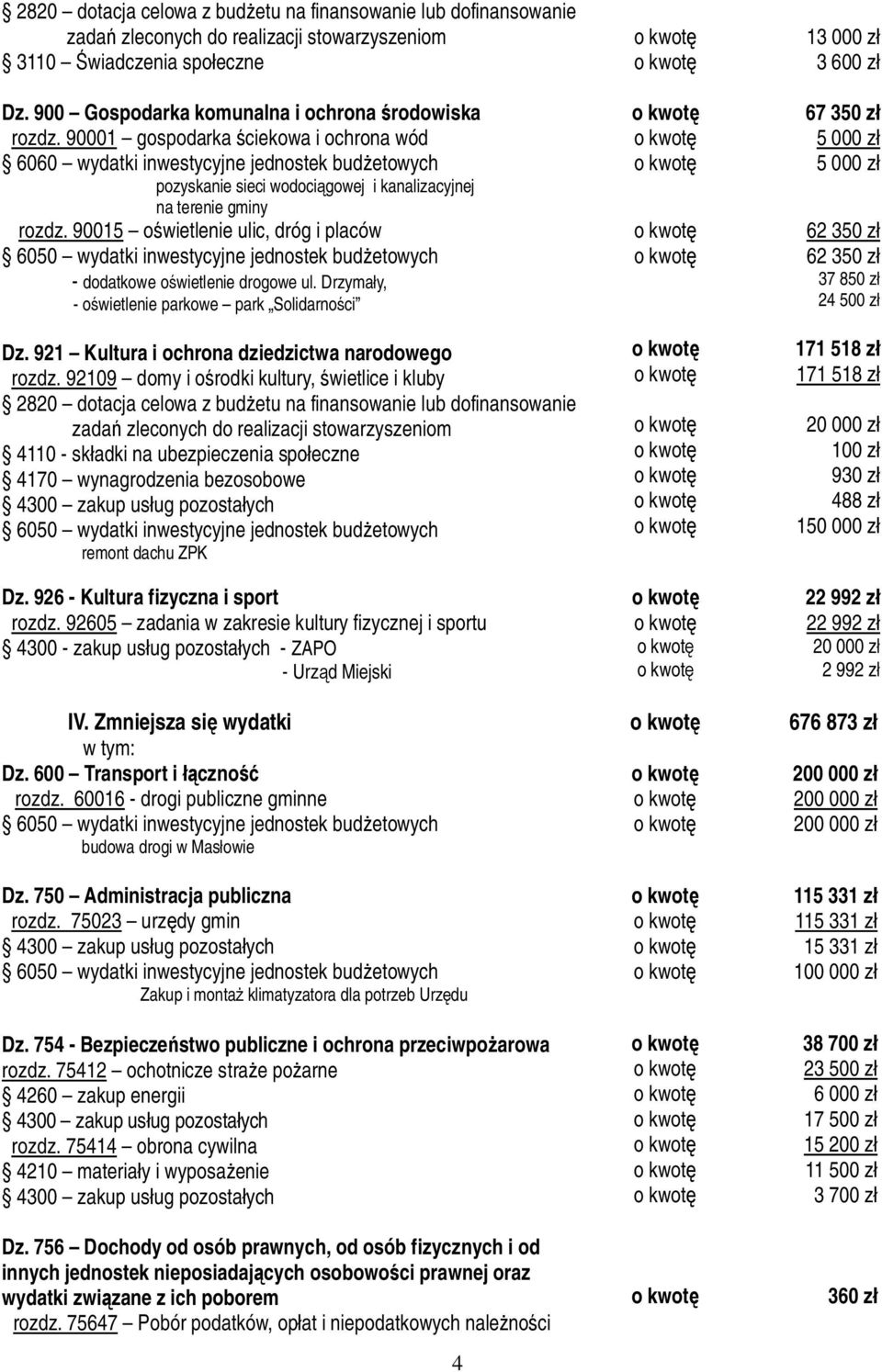 90015 o wietlenie ulic, dróg i placów - dodatkowe o wietlenie drogowe ul. Drzyma y, - o wietlenie parkowe park Solidarno ci Dz. 921 Kultura i ochrona dziedzictwa narodowego rozdz.