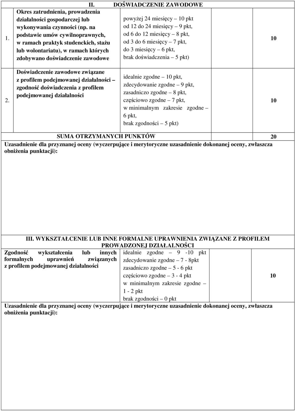 miesięcy 6 pkt, zdobywano doświadczenie zawodowe brak doświadczenia pkt) 10 2.