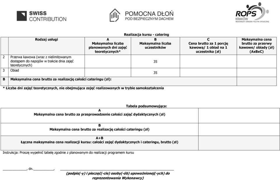 przerwy kawowe/ obiady (zł) (xxc) Tabela podsumowująca: cena brutto za przeprowadzenie całości zajęć dydaktycznych (zł) cena brutto za realizację całości cateringu (zł) + Łączna maksymalna cena