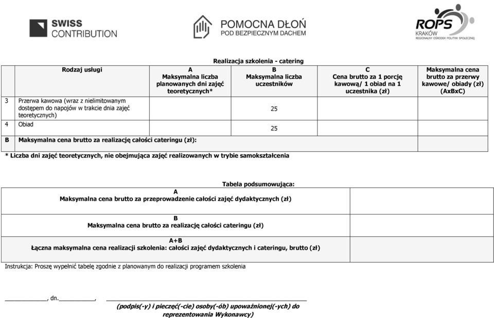 brutto za przerwy kawowe/ obiady (zł) (xxc) Tabela podsumowująca: cena brutto za przeprowadzenie całości zajęć dydaktycznych (zł) cena brutto za realizację całości cateringu (zł) + Łączna maksymalna