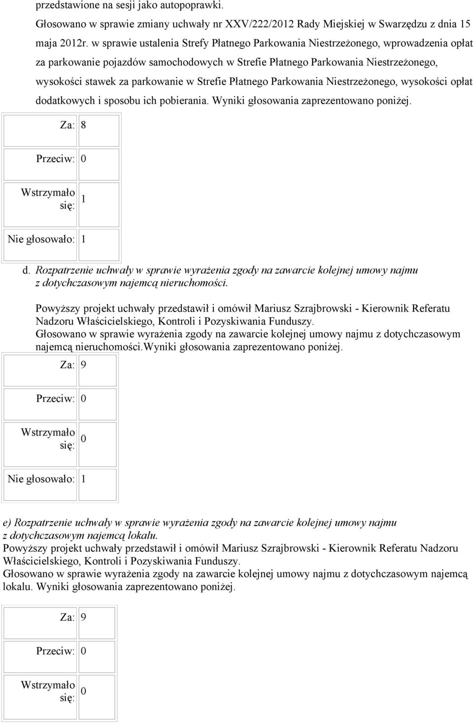 Strefie Płatnego Parkowania Niestrzeżonego, wysokości opłat dodatkowych i sposobu ich pobierania. Wyniki głosowania zaprezentowano poniżej. Za: 8 się: 1 Nie głosowało: 1 d.