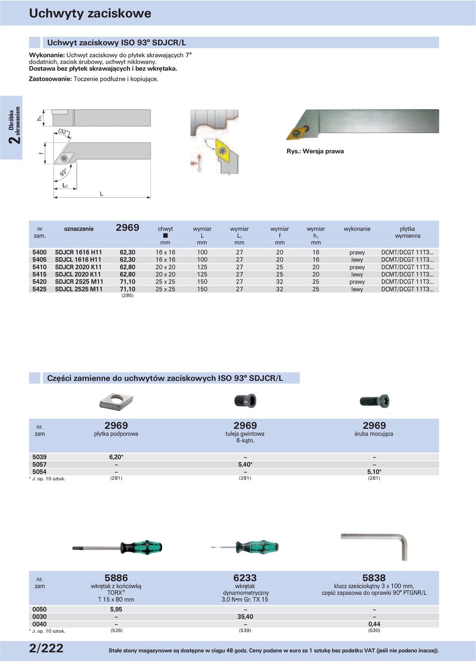 Y L L 1 f h 1 wymienna mm mm mm mm mm 5400 SDJCR 1616 H11 55,30 62,30 16 x 16 100 27 20 16 prawy DCMT/DCGT 11T3... 5405 SDJCL 1616 H11 55,30 62,30 16 x 16 100 27 20 16 lewy DCMT/DCGT 11T3.