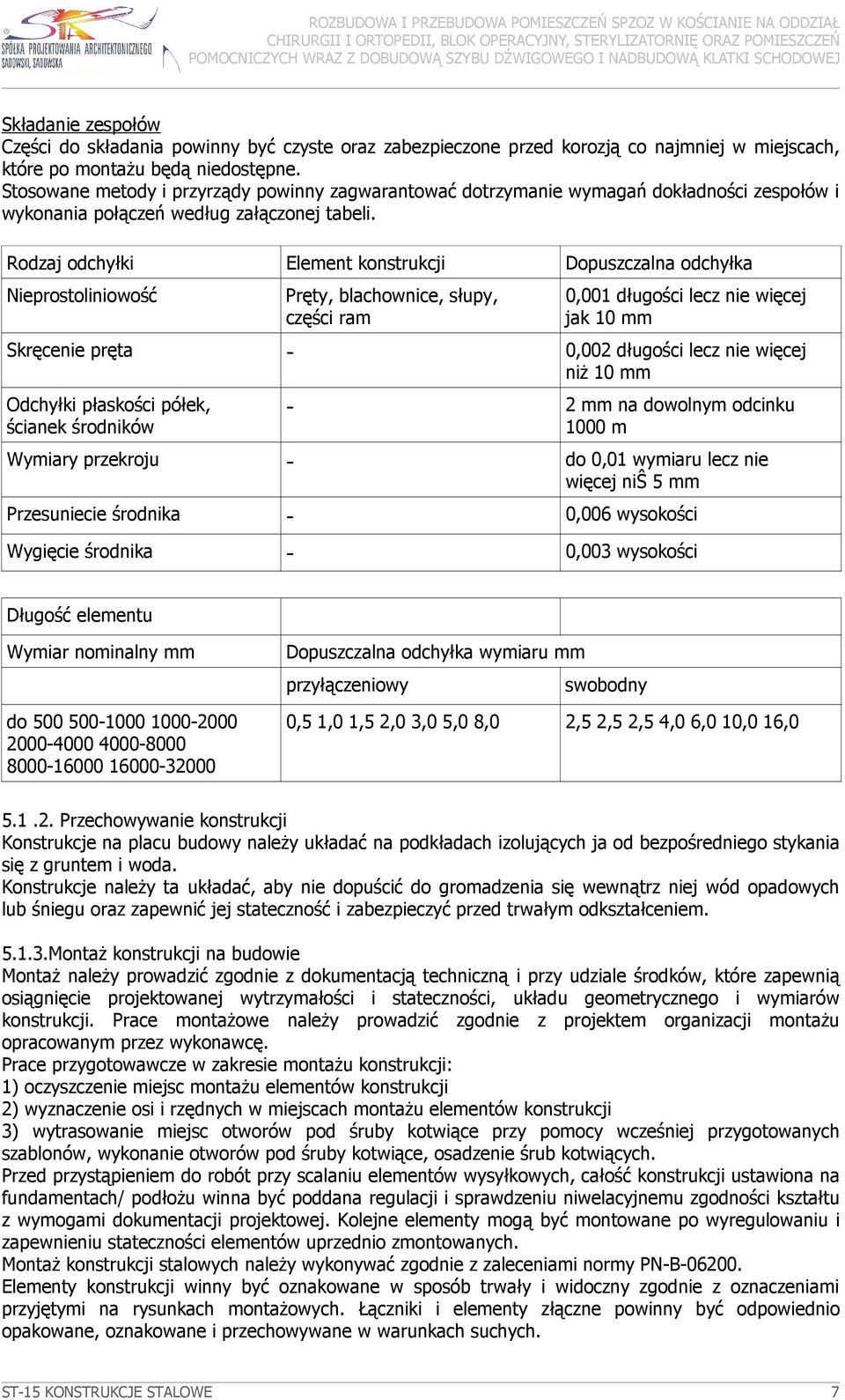 Rodzaj odchyłki Element konstrukcji Dopuszczalna odchyłka Nieprostoliniowość Pręty, blachownice, słupy, części ram 0,001 długości lecz nie więcej jak 10 mm Skręcenie pręta - 0,002 długości lecz nie