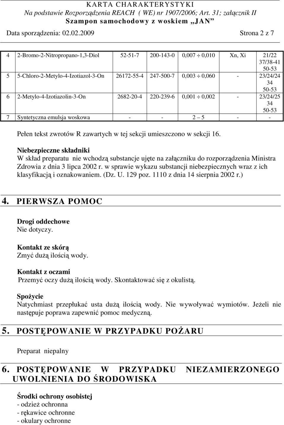 50-53 6 2-Metylo-4-Izotiazolin-3-On 2682-20-4 220-239-6 0,001 0,002-23/24/25 34 50-53 7 Syntetyczna emulsja woskowa - - 2 5 - - Pełen tekst zwrotów R zawartych w tej sekcji umieszczono w sekcji 16.