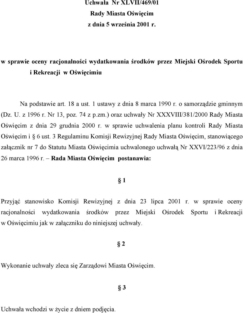w sprawie uchwalenia planu kontroli Rady Miasta Oświęcim i 6 ust.