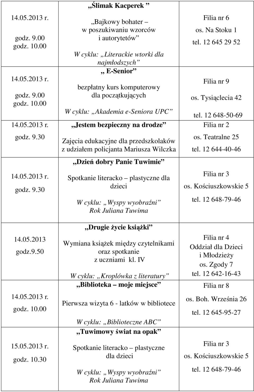 UPC Jestem bezpieczny na drodze Zajęcia edukacyjne dla przedszkolaków z udziałem policjanta Mariusza Wilczka Dzień dobry Panie Tuwimie Spotkanie literacko plastyczne dla dzieci W cyklu: Wyspy