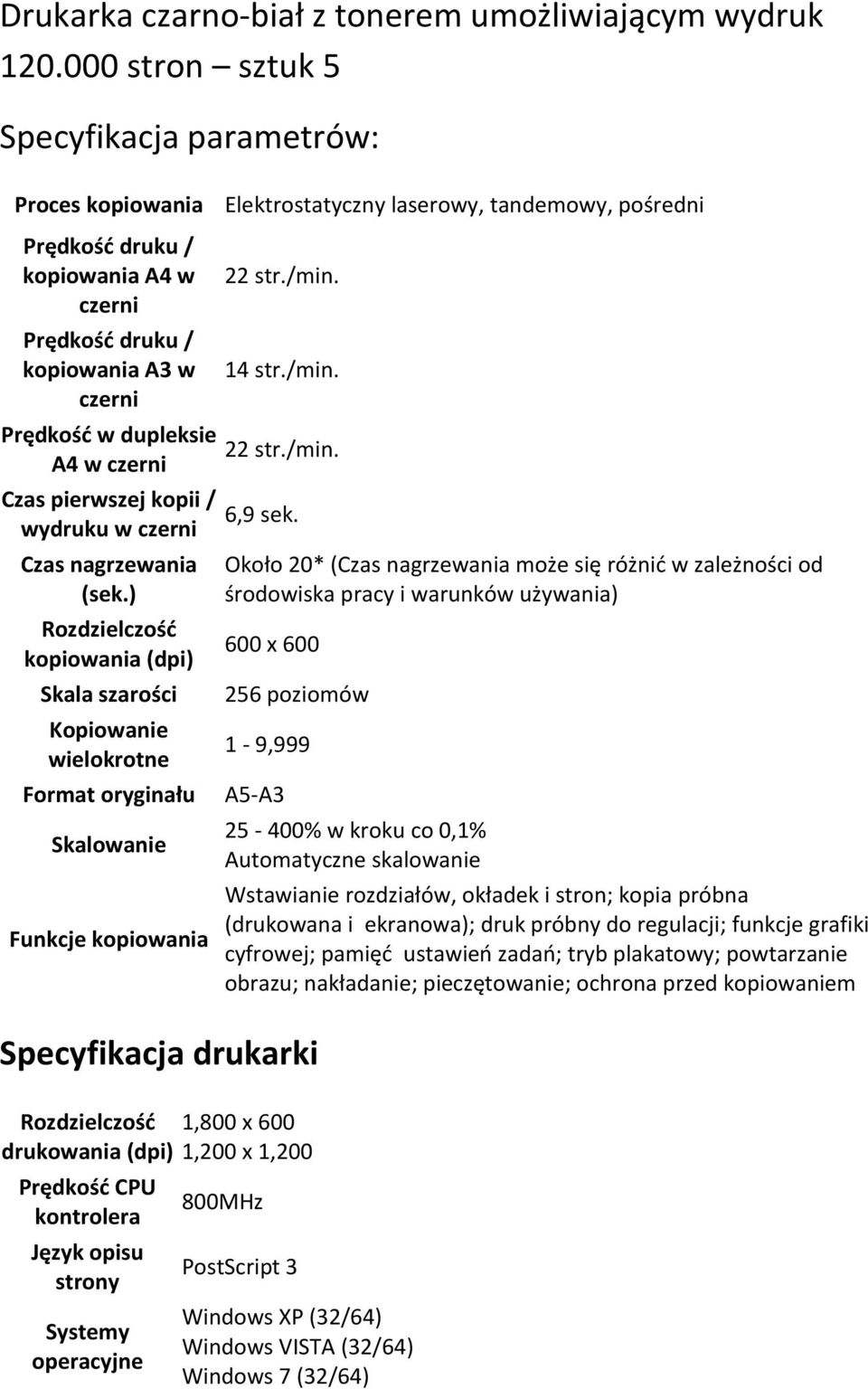 Czas pierwszej kopii / wydruku w Czas nagrzewania (sek.) kopiowania (dpi) Skala szarości Kopiowanie wielokrotne Format oryginału Skalowanie Funkcje kopiowania 22 str./min. 14 str./min. 22 str./min. 6,9 sek.