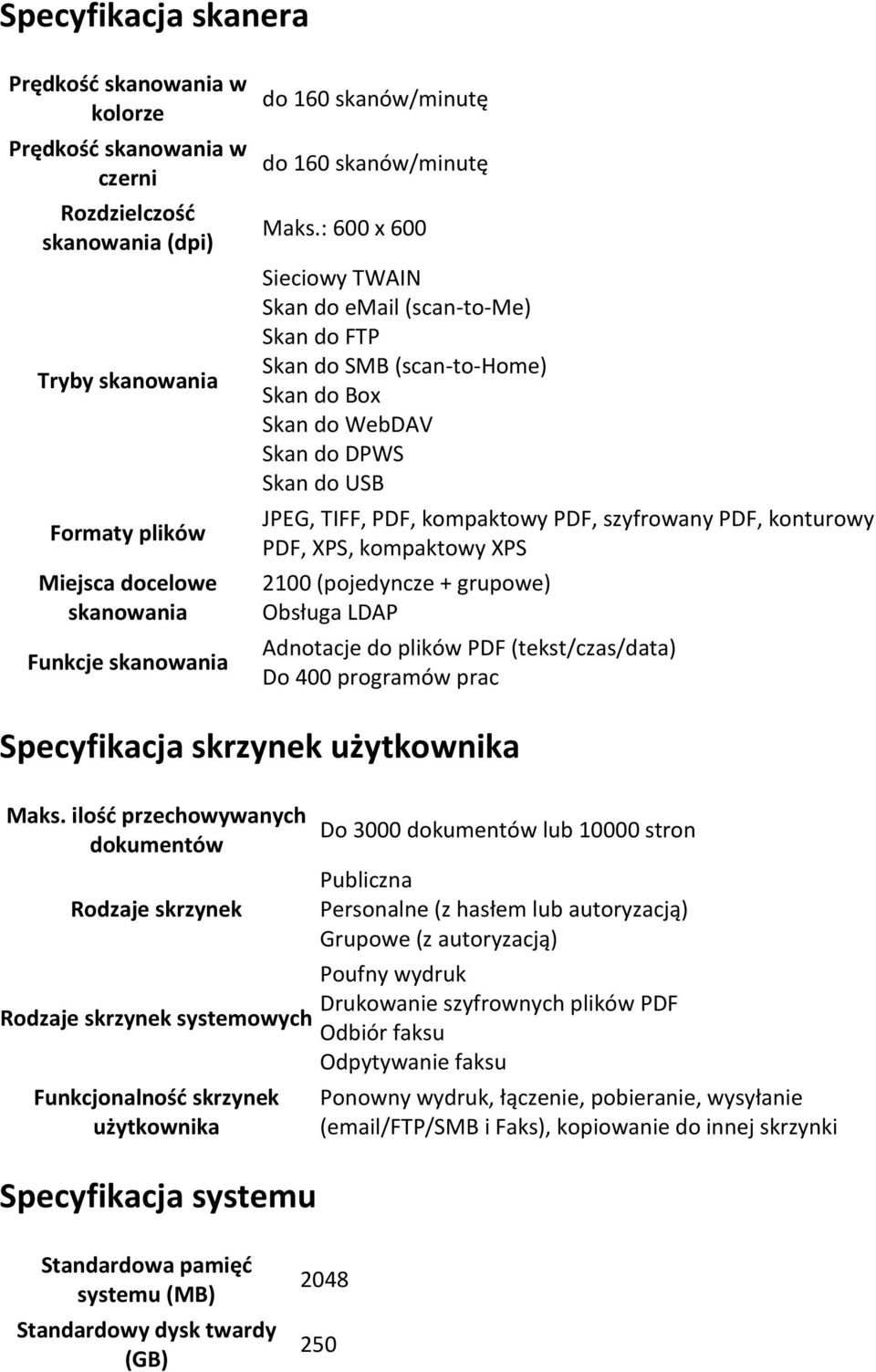 : 600 x 600 Sieciowy TWAIN Skan do email (scan-to-me) Skan do FTP Skan do SMB (scan-to-home) Skan do Box Skan do WebDAV Skan do DPWS Skan do USB JPEG, TIFF, PDF, kompaktowy PDF, szyfrowany PDF,