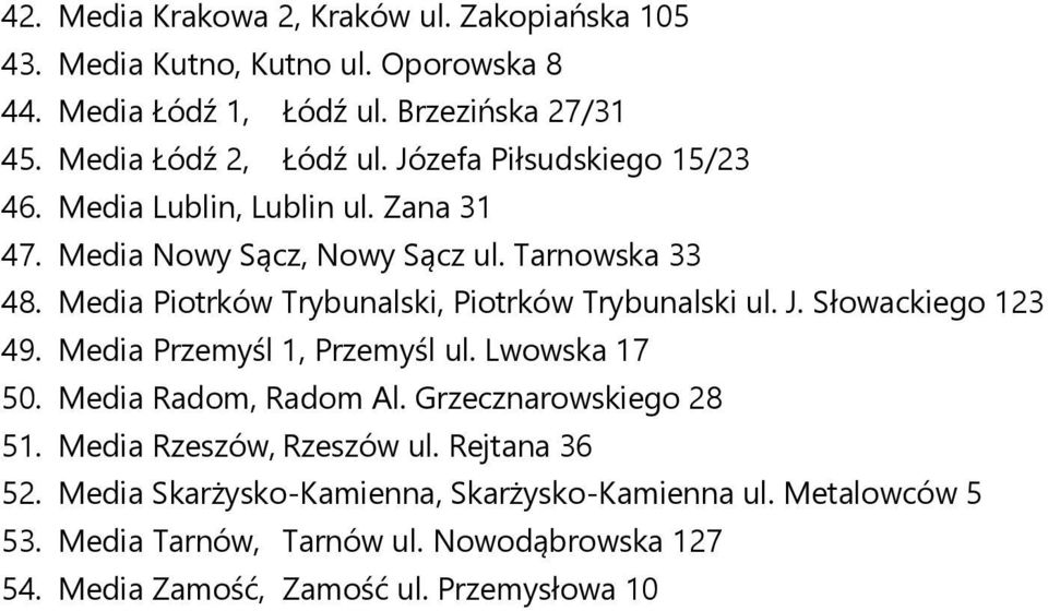 Media Piotrków Trybunalski, Piotrków Trybunalski ul. J. Słowackiego 123 49. Media Przemyśl 1, Przemyśl ul. Lwowska 17 50. Media Radom, Radom Al.