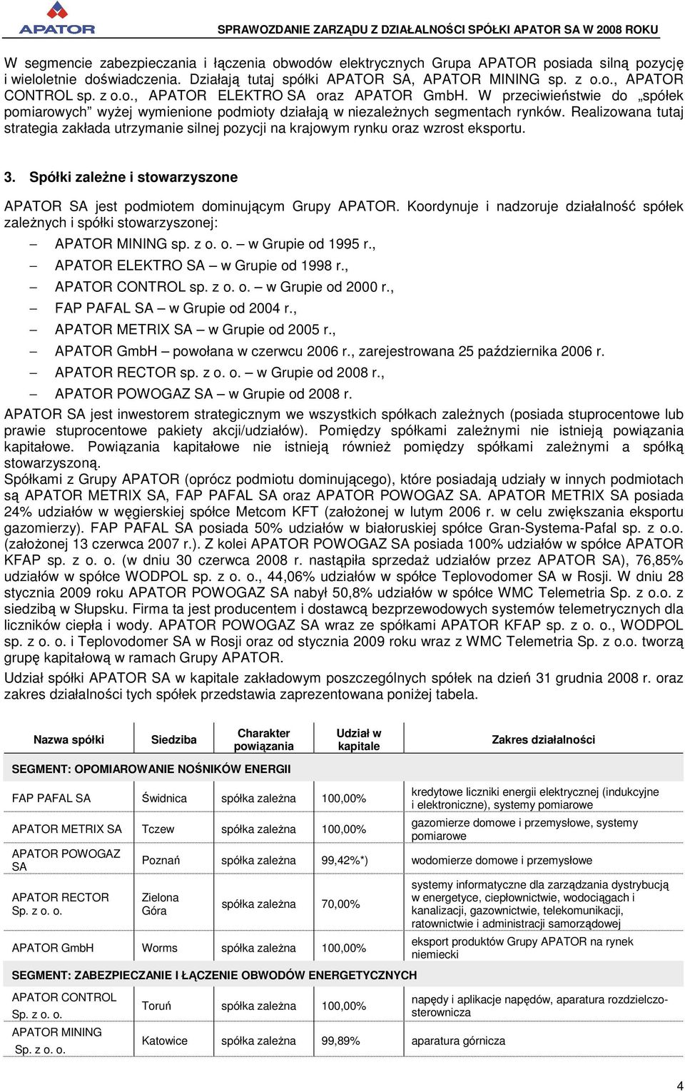 Realizowana tutaj strategia zakłada utrzymanie silnej pozycji na krajowym rynku oraz wzrost eksportu. 3. Spółki zaleŝne i stowarzyszone APATOR SA jest podmiotem dominującym Grupy APATOR.