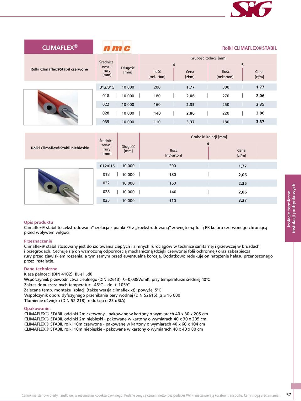 140 110 2,35 Przeznaczenie Climaflex stabil stosowany jest do izolowania ciepłych i zimnych rurociągów w technice sanitarnej i grzewczej w bruzdach i przegrodach.