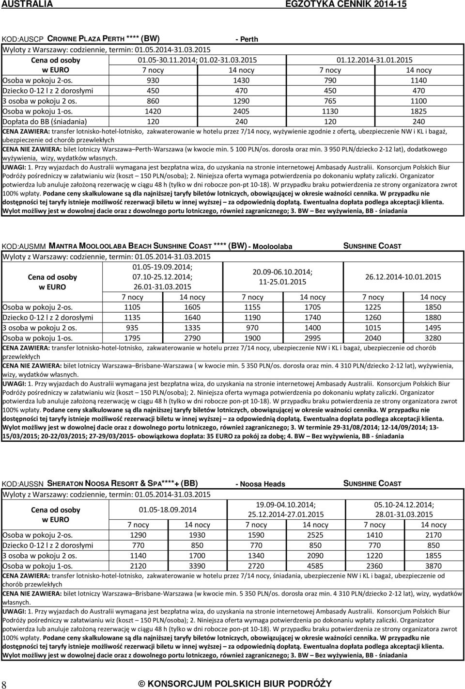 1420 2405 1130 1825 Dopłata do BB (śniadania) 120 240 120 240 ubezpieczenie od chorób CENA NIE ZAWIERA: bilet lotniczy Warszawa Perth-Warszawa (w kwocie min. 5 100 PLN/os. dorosła oraz min.