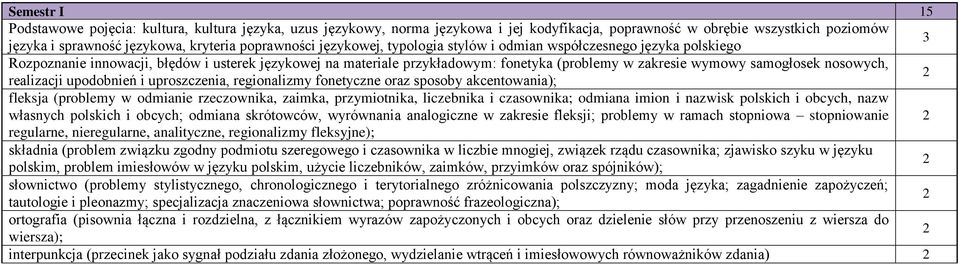 nosowych, realizacji upodobnień i uproszczenia, regionalizmy fonetyczne oraz sposoby akcentowania); fleksja (problemy w odmianie rzeczownika, zaimka, przymiotnika, liczebnika i czasownika; odmiana