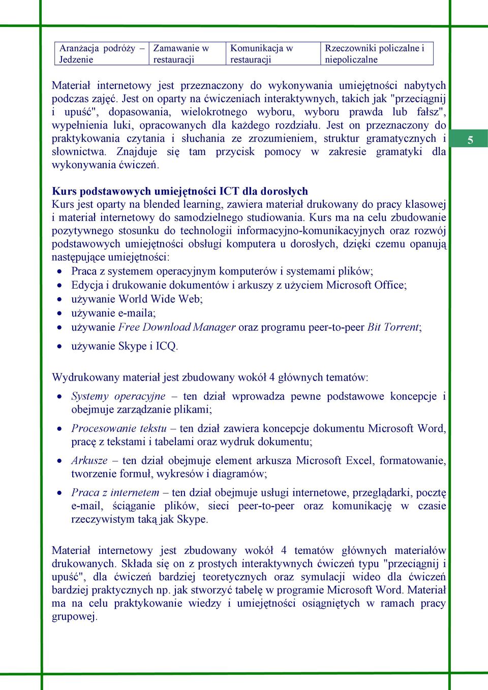 Jest on oparty na ćwiczeniach interaktywnych, takich jak "przeciągnij i upuść", dopasowania, wielokrotnego wyboru, wyboru prawda lub fałsz", wypełnienia luki, opracowanych dla każdego rozdziału.