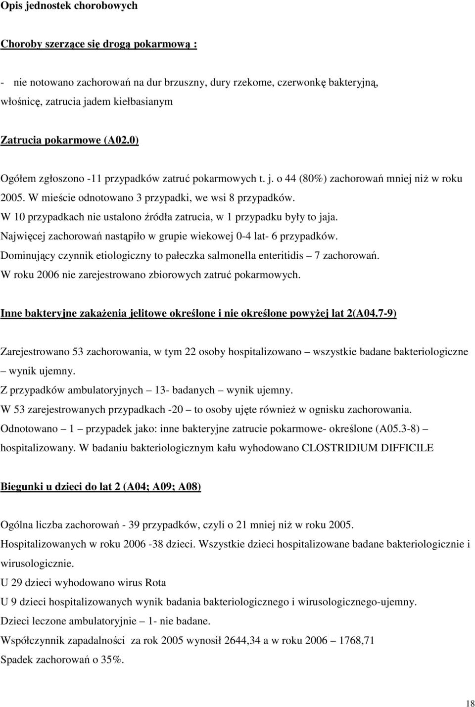 W 10 przypadkach nie ustalono źródła zatrucia, w 1 przypadku były to jaja. Najwięcej zachorowań nastąpiło w grupie wiekowej 0-4 lat- 6 przypadków.