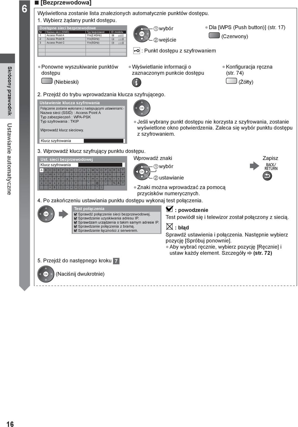 17) (Czerwony) Skrócony przewodnik Ustawianie automatyczne Ponowne wyszukiwanie punktów dostępu (Niebieski) 2. Przejdź do trybu wprowadzania klucza szyfrującego.