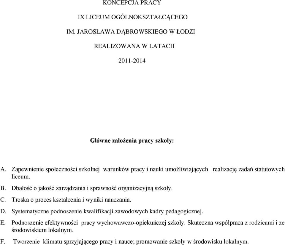 Dbałość o jakość zarządzania i sprawność organizacyjną szkoły. C. Troska o proces kształcenia i wyniki nauczania. D.