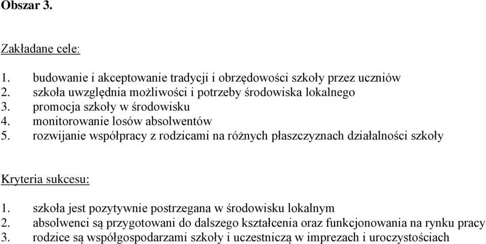 rozwijanie współpracy z rodzicami na różnych płaszczyznach działalności szkoły Kryteria sukcesu: 1.