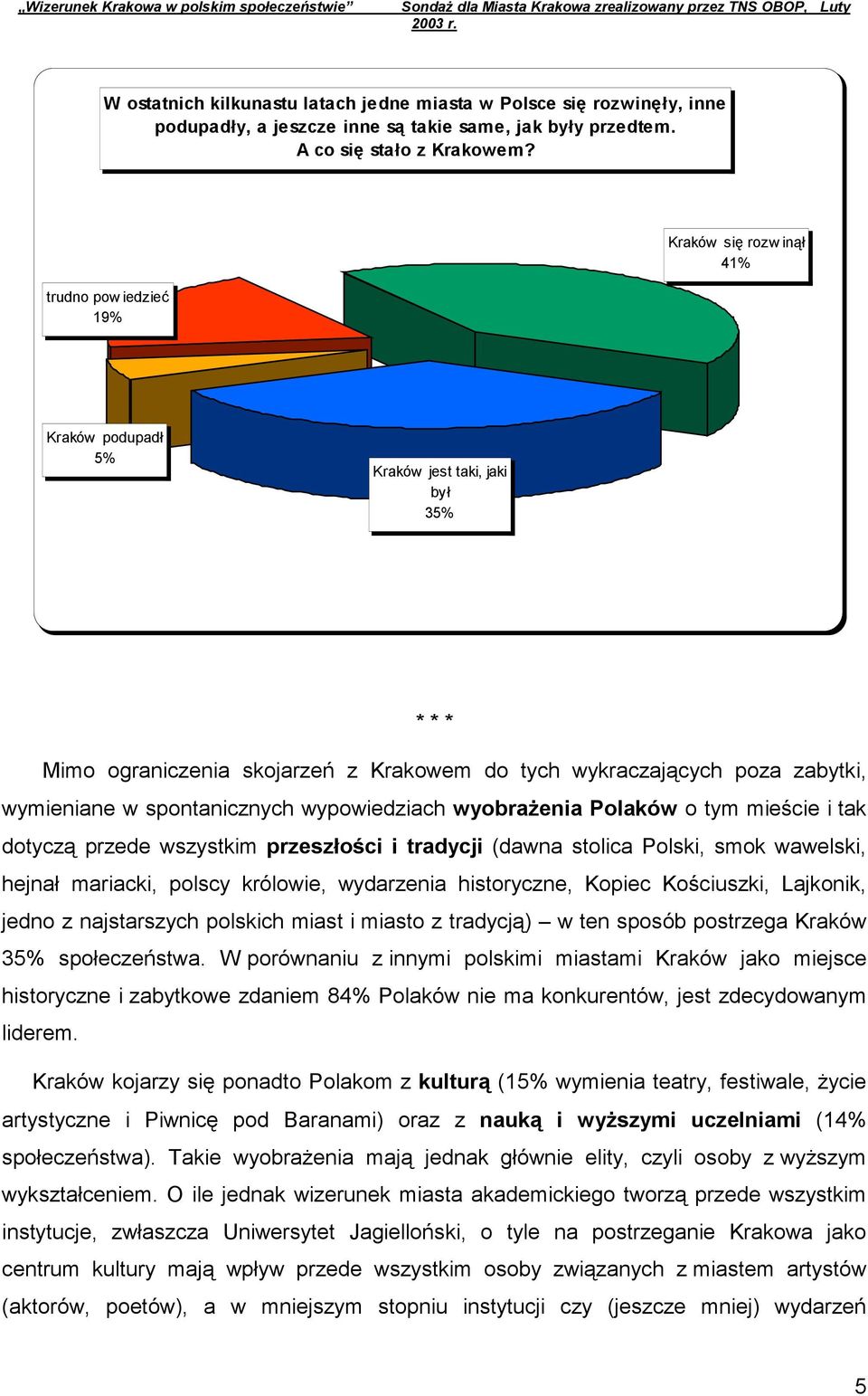 spontanicznych wypowiedziach wyobrażenia Polaków o tym mieście i tak dotyczą przede wszystkim przeszłości i tradycji (dawna stolica Polski, smok wawelski, hejnał mariacki, polscy królowie, wydarzenia