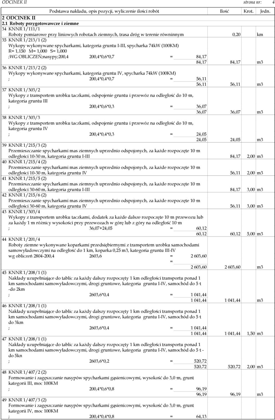 gruntu I-III, spycharka 74kW (100KM) R 1,150 M 1,000 S 1,000 ;WG OBLICZEŃ;nasypy;200,4 200,4*0,6*0,7 84,17 84,17 84,17 m3 36 KNNR 1/213/2 (2) Wykopy wykonywane spycharkami, kategoria gruntu IV,