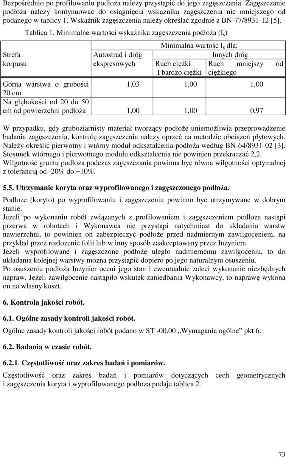 Minimalne wartości wskaźnika zagęszczenia podłoŝa (I s ) Minimalna wartość I s dla: Strefa Autostrad i dróg Innych dróg korpusu ekspresowych Ruch cięŝki Ruch mniejszy od I bardzo cięŝki cięŝkiego