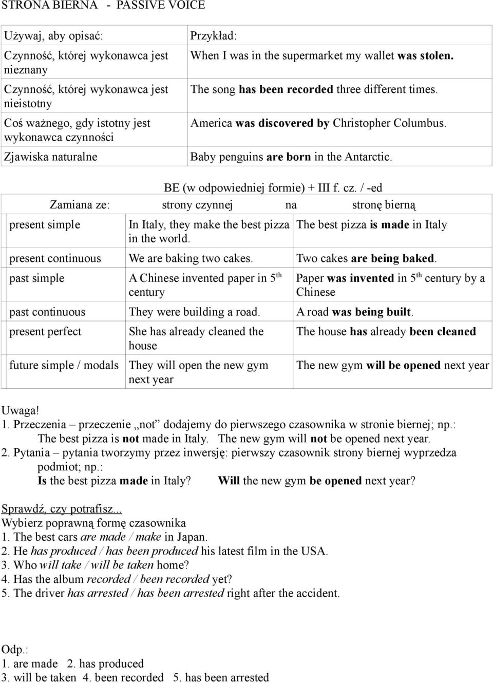 Baby penguins are born in the Antarctic. present simple BE (w odpowiedniej formie) + III f. cz. / -ed Zamiana ze: strony czynnej na stronę bierną In Italy, they make the best pizza in the world.