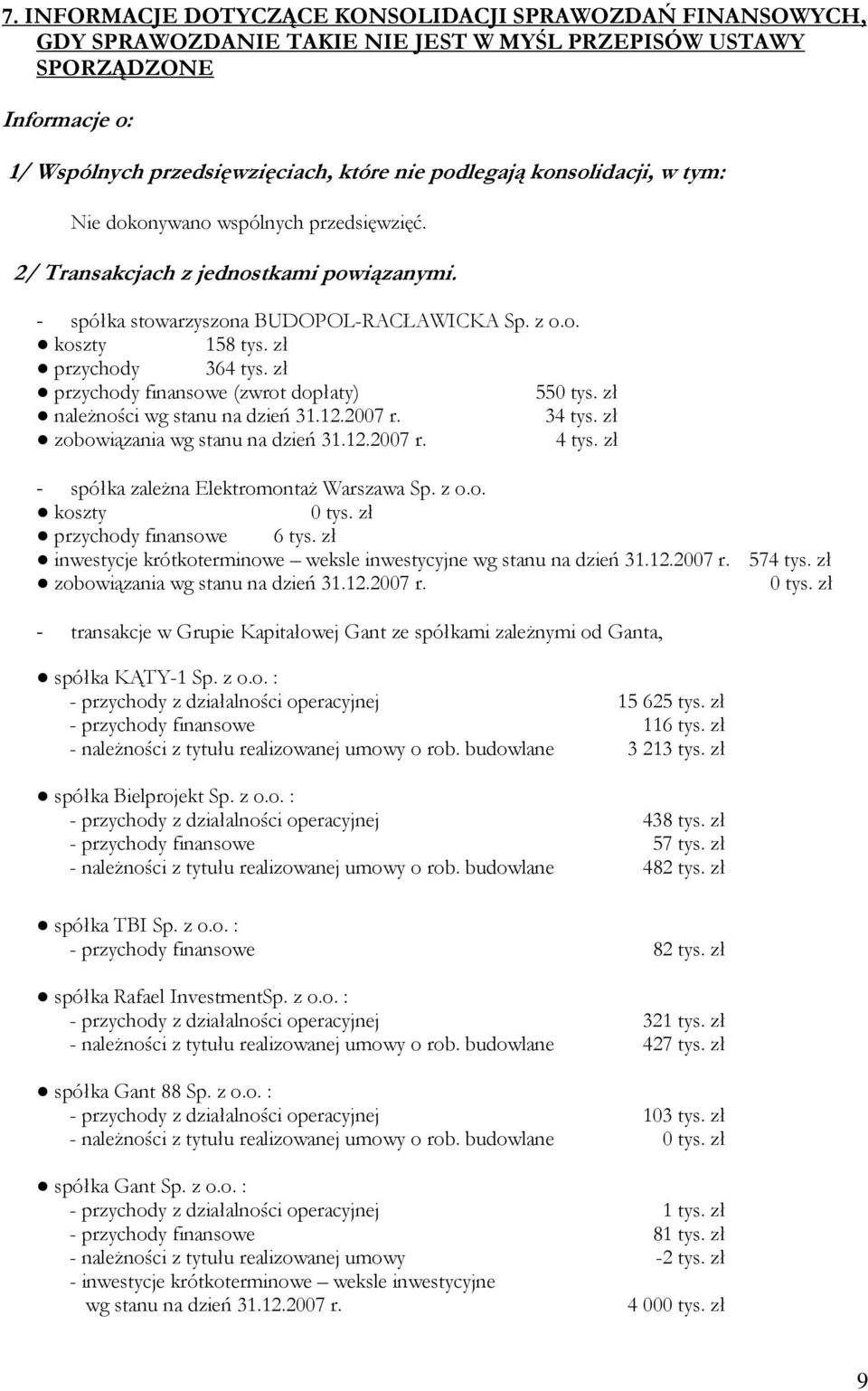 zł przychody finansowe (zwrot dopłaty) 550 tys. zł naleŝności wg stanu na dzień 31.12.2007 r. 34 tys. zł zobowiązania wg stanu na dzień 31.12.2007 r. 4 tys.