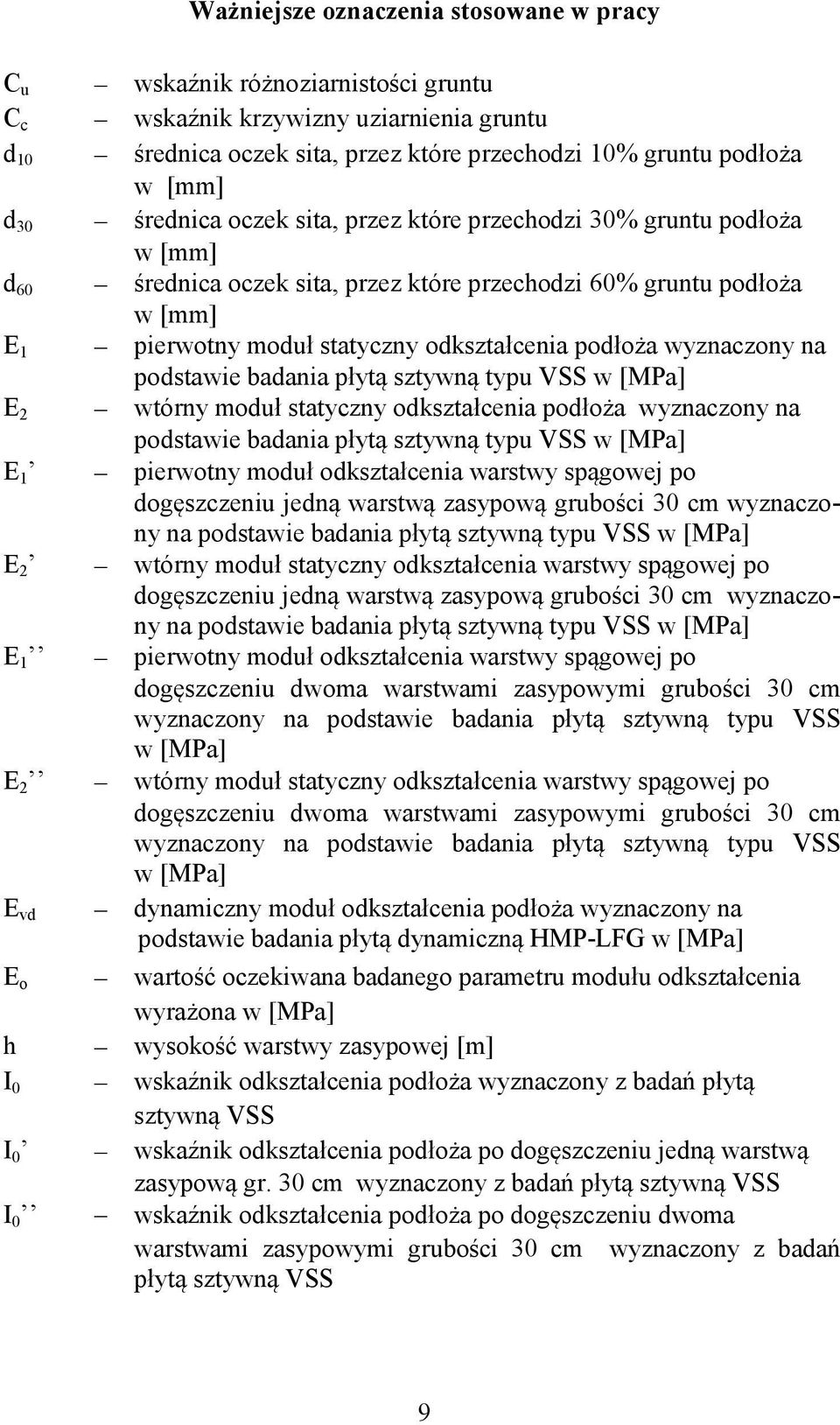 wyznaczony na podstawie badania p yt sztywn typu VSS w [MPa] E 2 wtórny modu statyczny odkszta cenia pod o a wyznaczony na podstawie badania p yt sztywn typu VSS w [MPa] E 1 pierwotny modu odkszta