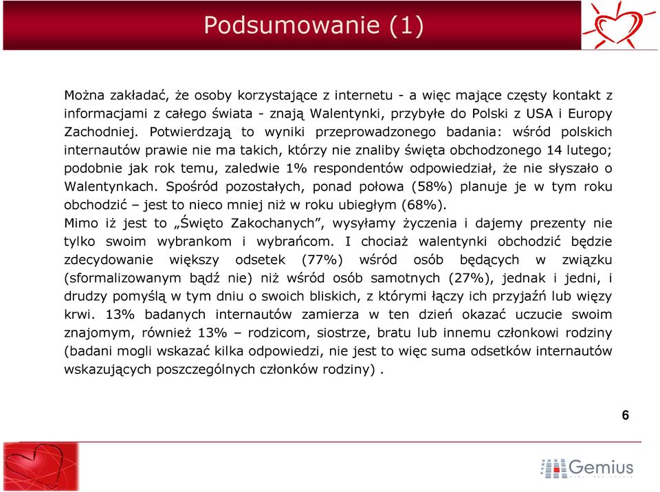 odpowiedział, że nie słyszało o Walentynkach. Spośród pozostałych, ponad połowa (58%) planuje je w tym roku obchodzić jest to nieco mniej niż w roku ubiegłym (68%).