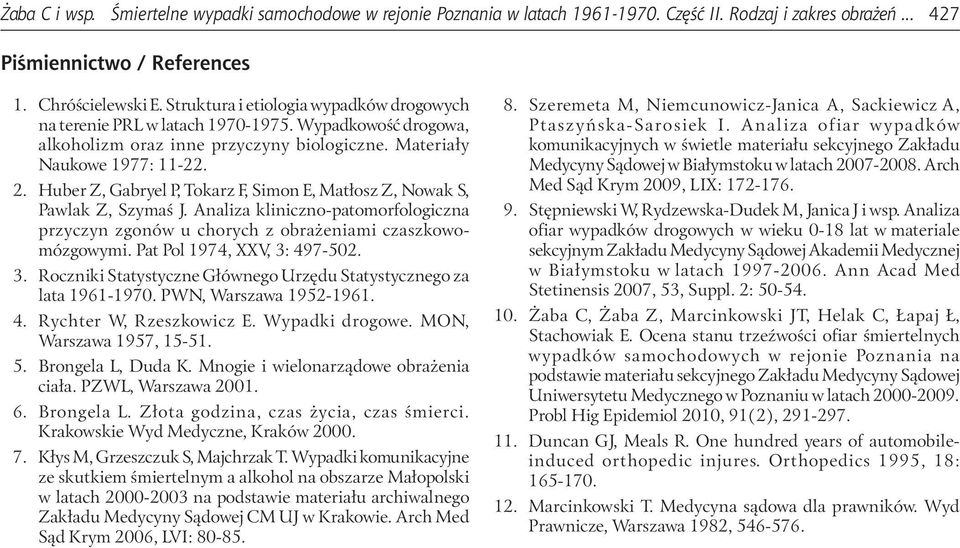 Huber Z, Gabryel P, Tokarz F, Simon E, Matłosz Z, Nowak S, Pawlak Z, Szymaś J. Analiza kliniczno-patomorfologiczna przyczyn zgonów u chorych z obrażeniami czaszkowomózgowymi.