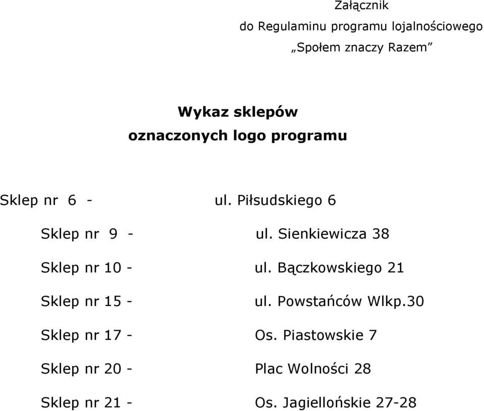 Sienkiewicza 38 Sklep nr 10 - ul. Bączkowskiego 21 Sklep nr 15 - ul. Powstańców Wlkp.