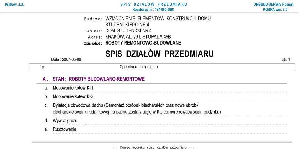 29 LISTOPADA 48B SPIS DZIAŁÓW PRZEDMIARU Str: 1 Opis stanu / elementu A. STAN : ROBOTY BUDOWLANO-REMONTOWE a. Mocowanie kotew K-1 b.