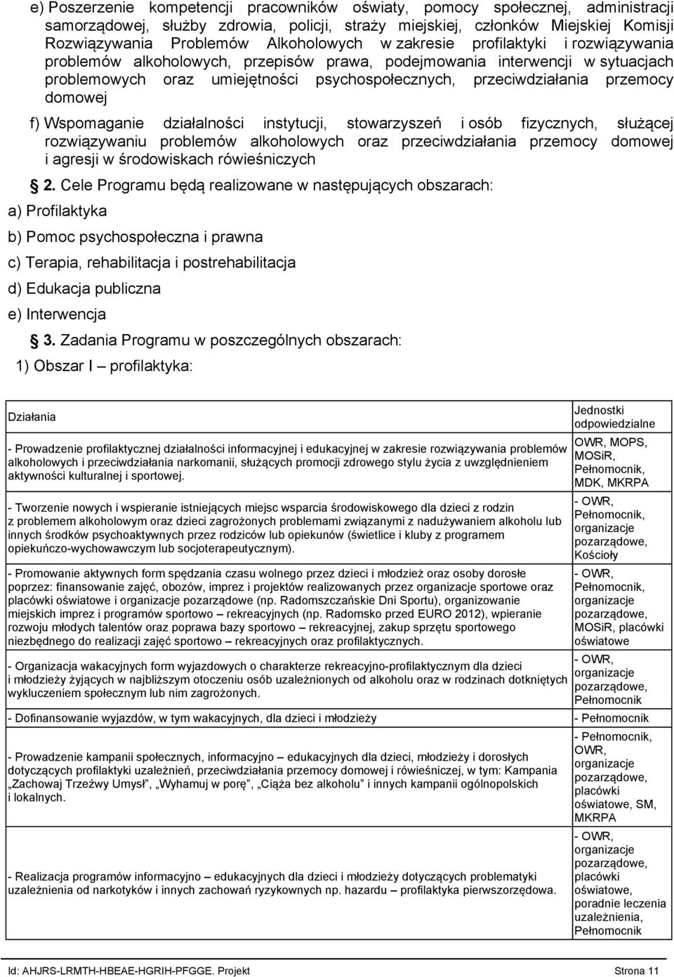 przemocy domowej f) Wspomaganie działalności instytucji, stowarzyszeń i osób fizycznych, służącej rozwiązywaniu problemów alkoholowych oraz przeciwdziałania przemocy domowej i agresji w środowiskach