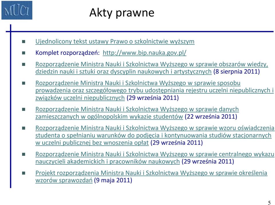 Szkolnictwa Wyższego w sprawie sposobu prowadzenia oraz szczegółowego trybu udostępniania rejestru uczelni niepublicznych i związków uczelni niepublicznych (29 września 2011) Rozporządzenie Ministra