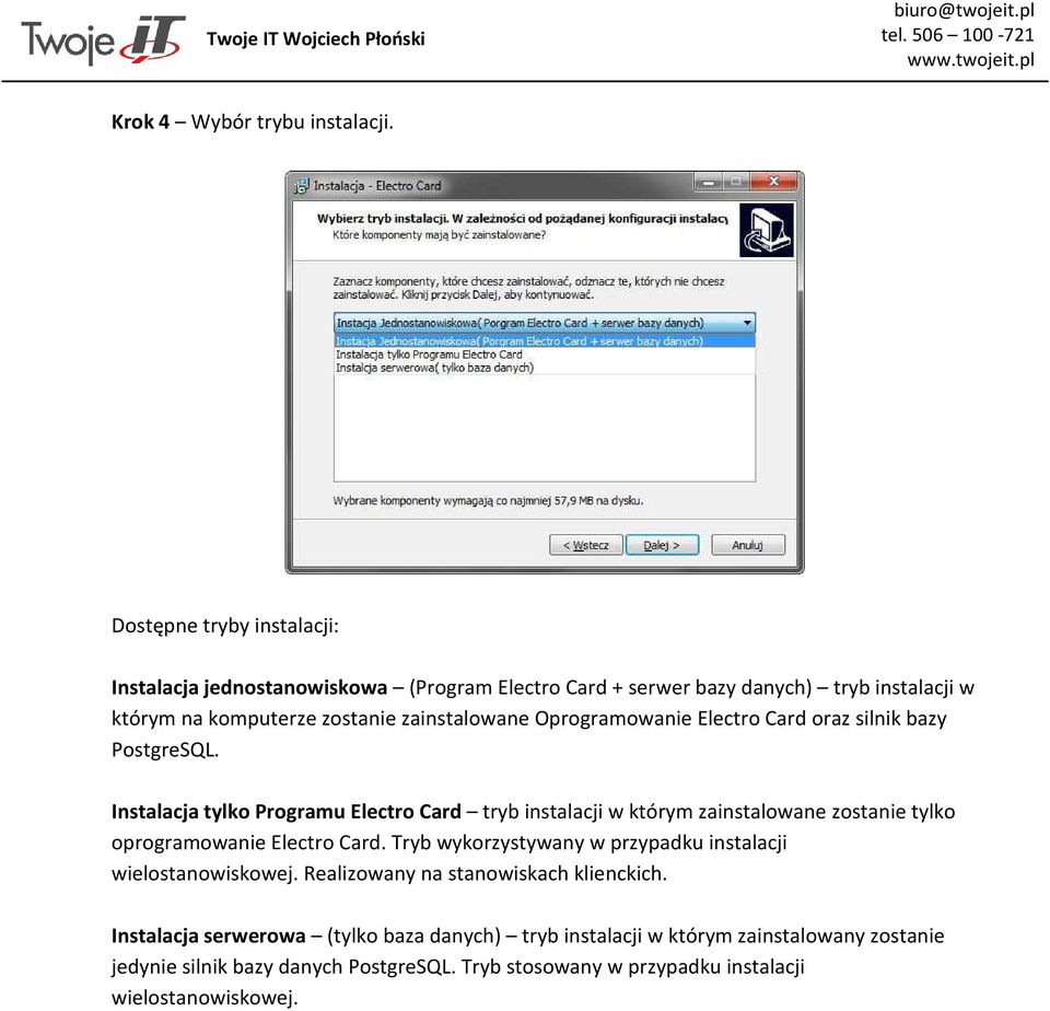 Oprogramowanie Electro Card oraz silnik bazy PostgreSQL.