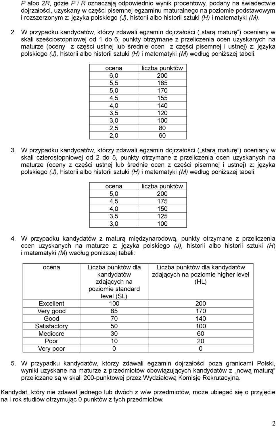 W przypadku kandydatów, którzy zdawali egzamin dojrzałości ( starą maturę ) oceniany w skali sześciostopniowej od 1 do 6, punkty otrzymane z przeliczenia ocen uzyskanych na polskiego (J), historii