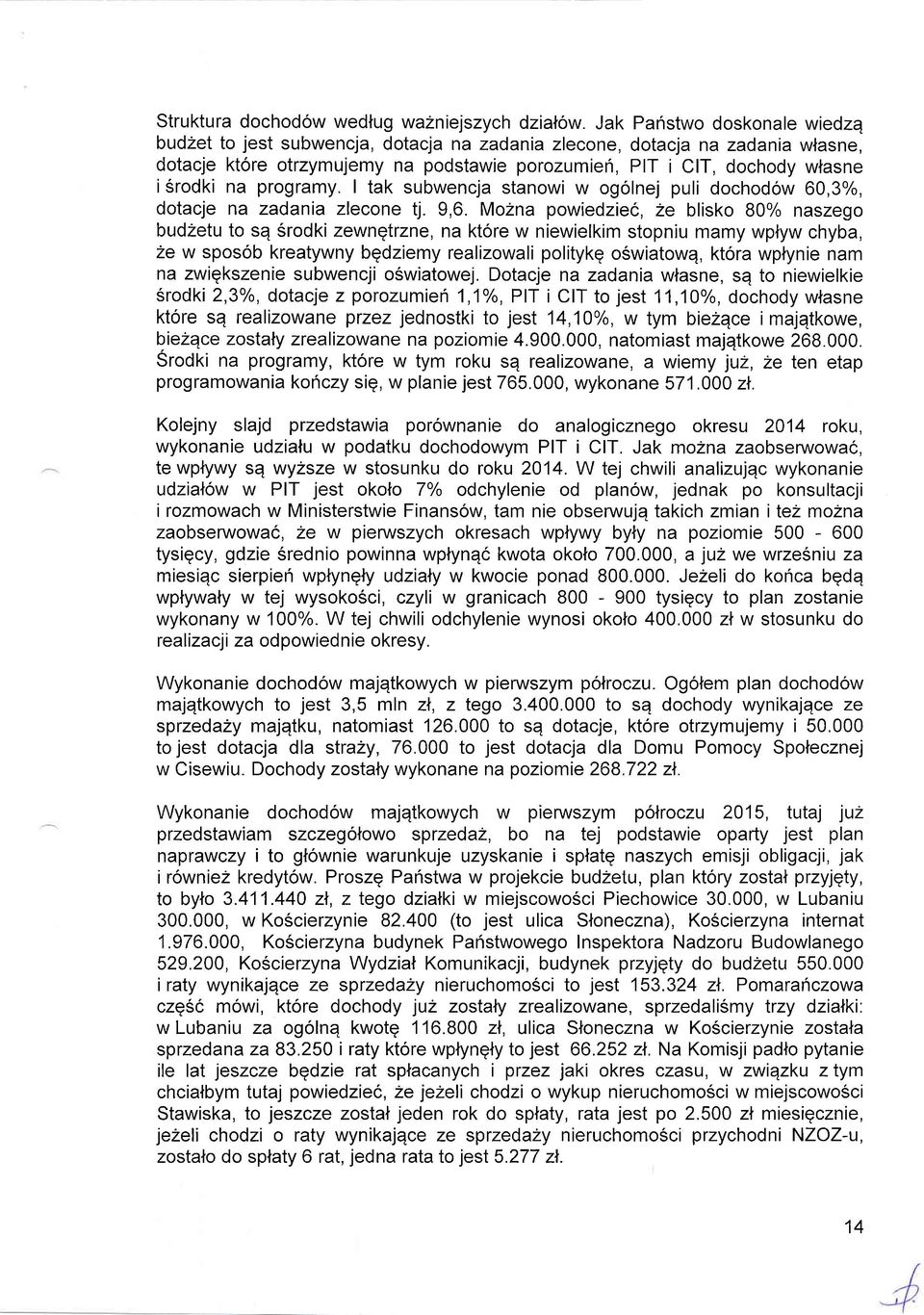 programy. I tak subwencja stanowi w ogolnej puli dochodow 60,3%, dotacje na zadania zlecone tj. 9,6.
