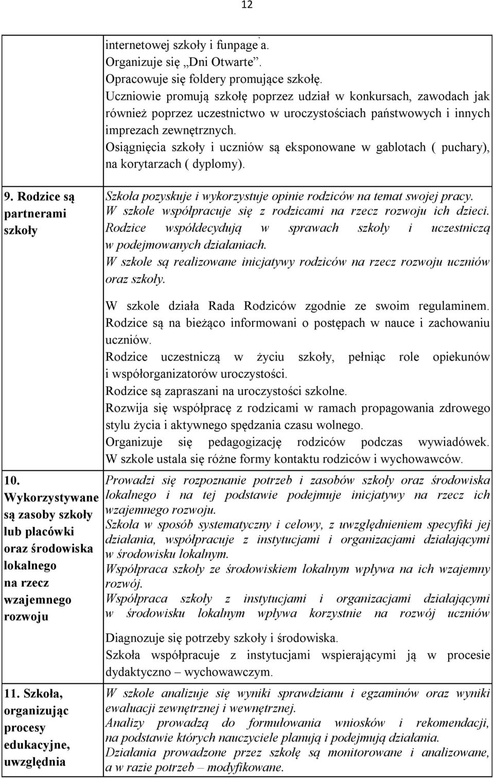 Osiągnięcia szkoły i uczniów są eksponowane w gablotach ( puchary), na korytarzach ( dyplomy). 9. Rodzice są partnerami szkoły Szkoła pozyskuje i wykorzystuje opinie rodziców na temat swojej pracy.