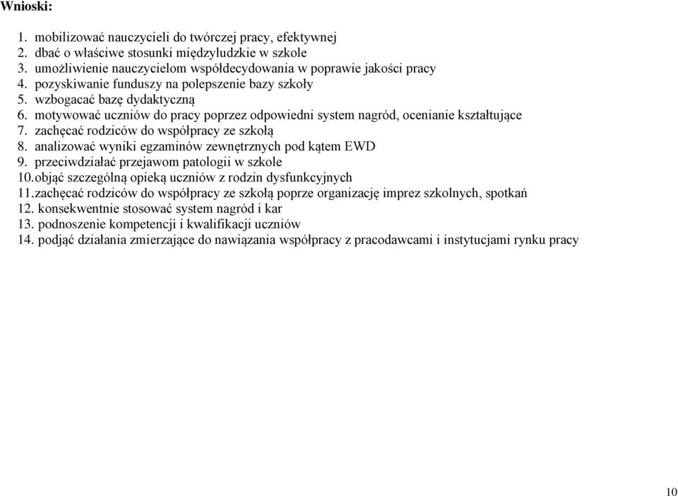 zachęcać rodziców do współpracy ze szkołą 8. analizować wyniki egzaminów zewnętrznych pod kątem EWD 9. przeciwdziałać przejawom patologii w szkole 10.