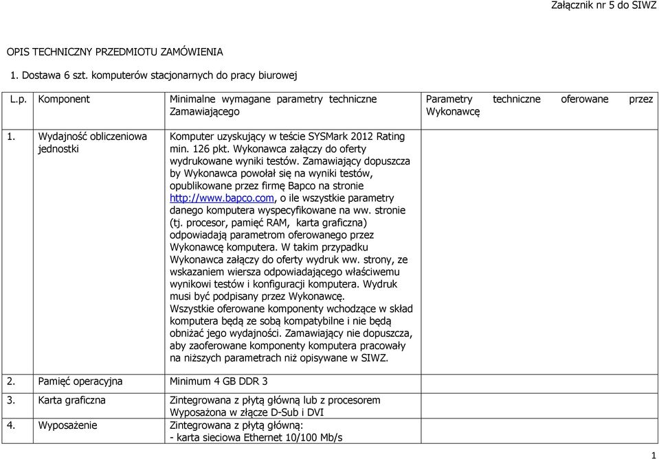 Zamawiający dopuszcza by Wykonawca powołał się na wyniki testów, opublikowane przez firmę Bapco na stronie http://www.bapco.com, o ile wszystkie parametry danego komputera wyspecyfikowane na ww.