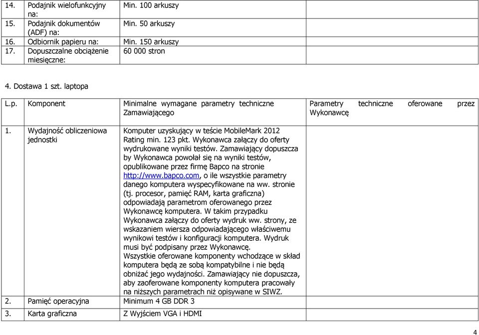 Karta graficzna Z Wyjściem VGA i HDMI Komputer uzyskujący w teście MobileMark 2012 Rating min. 123 pkt. Wykonawca załączy do oferty wydrukowane wyniki testów.